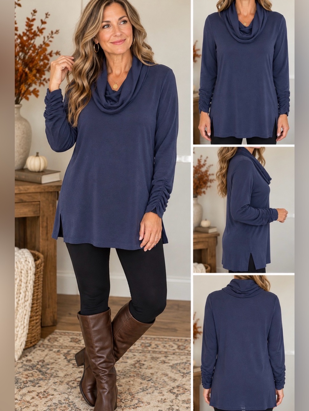 Chico’s Zenergy Cowl Neck Tunic Top Size 1 (8/10-M) Navy Ruched Sleeve
